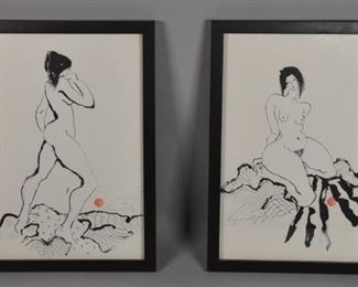 189	Pair of Japanese Ink Nude Line Drawings	Pair of Japanese sumi ink line drawings of nudes. Signed illegibly in pencil, 1 in the lower right, 1 in the lower left. Both stamped with red artists signature. Sight: 17 1/2" x 11 1/2" . Frame: 19 1/2" x 13 1/2"
