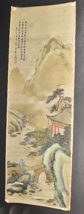 191	Chinese Silk Scroll, Landscape	Chinese ink on silk scroll with a depiction of a mountain landscape. Verse in the top left, Artist stamp underneath the verse. 46" x 15 1/2" Tears in the silk, center and lower left of the scroll.
