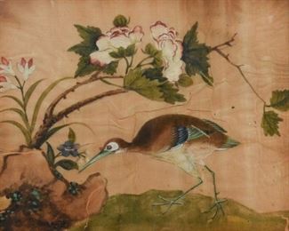 190	Chinese Painting on Silk, Bird and Flowers	Chinese painting on silk, bird in landscape with flowers. Wear to the fabric, loss to paint, creasing, discoloration of the edges. Framed behind glass. Sight: 7 1/2" H x 10" W. Frame: 11 1/2" H x 14" W.
