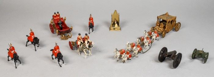 236	Britains LTD Lead Soldiers, Carriages, Throne	4 Britains LTD toy soldiers, 2 coronation carriages, 1 throne and 3 cannons. 1 Cannon not marked Britain Ltd
