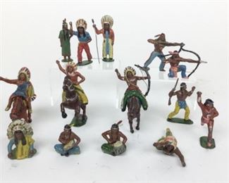 250	Collection of Native American Lead Figures	Mostly Timpo Toys England. 14 people and 3 horses. Tallest figure 2 1/2". Some missing weapons or ropes.
