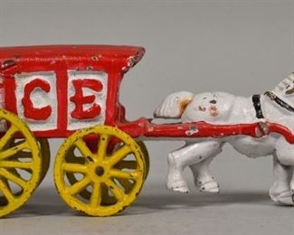252	Painted Cast Iron Horse Drawn Ice Wagon	Painted cast iron horse drawn ice wagon. Paint loss present. Front wheels loose. 7 1/4" L x 3" H.
