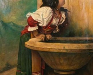 263	After Leon Bonnat Oil on Canvas Girl at Fountain	Leon Bonnat (France 1833-1922) Roman Girl at Fountain. Oil on canvas. Copy permitted by the Metropolitan Museum of Art. On verso is script "Frazeo 4/24/33 MG". On verso stamped "COPY FROM THE ORIGINAL THE METROPOLITAN MUSEUM OF ART 13 JE 34" " The Metropolitan Museum of Art Permit to Copy Issued 14 34" Staining on verso. Canvas 59 1/4' x 37". With frame 62 3/4" x 40 1/2"
