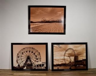 274	3 Digital Prints of Ferris Wheels	3 digital prints of Ferris wheels; The London Eye, The Wonder Wheel and Coney Island. Sight: 29 1/4" x 39" Frame: 34" x 43 1/2"
