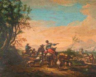 275	Nicolaes Berchem Style Oil on Wood Panel	In the style of Nicolaes Pieterszoon Berchem (1620-1683). Unsigned oil on wood panel Drovers in Landscape. 10 1/4" x 14" (with frame 17" x 20 1/2"). Inpainting in tree on left side; losses to frame. Doyle, New York sale 0210231, Important English and Continental.
