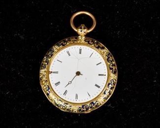 286	14k Bautte & Co Aiguilles Enameled Pocket Watch	Bautte & Co Geneva enamel decorated pocket watch. Marked on the interior: "Eight hole ruby escapement." serial number N.68434. Missing glass and minute hand with crack to the face. Wear to enamel. Acid tested, 14k gold. 46.2 grams total including enamel. 1 3/4" Diameter.
