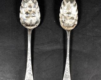 301	2 19th Century English Sterling Berry Spoons	2 19th Century English Sterling berry spoons. English, Early 19th Century. Monogrammed handles. English silver hallmarks and TH (Thomas Hayter.) London's maker's marks, 1815-1826. Some wear to handles. 124.54 grams, longest measures 9" L
