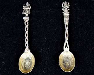 307	Pair of Peter Orr Indian Madras Silver Spoons	Pair of Peter Orr the Elder of P.Orr & Sons, Madras Indian deity silver spoons. Circa 19th century. Depicting Kurma and Manasa. 6" Length. Etched "ORR" on the side of the spoon. 85.3 Grams total. Unmarked but acid tested. Featured in "Delight in Design, 2008, pp. 108–11" by Vidja Dehejia.


