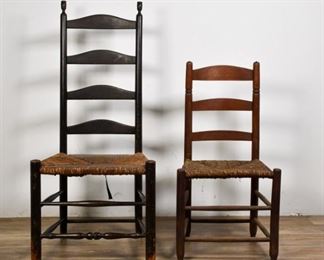 323	Two Shaker Style Ladderback Chairs	Two Shaker Style ladderback chairs. American, Early 20th Century. Ladderback splats, woven wicker seats, carved legs and supports. Heavy wear and scratches to the tallest chair, wear throughout smaller one. 45 1/2" H x 21" L x 15 1/2" W
