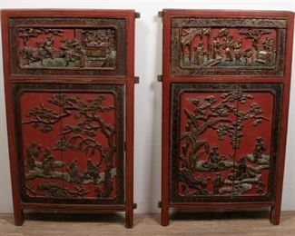 359	Pair of 19th Century Chinese Carved Panels	Pair of 19th century Chinese Gilt wood carved panels, red lacquered with narrative scenes. Loss to the gilt border, splitting, cracking in both panels. 35" H x 19 3/4" W.
