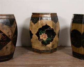 361	3 Chinese Octagonal Wood Tea Cannisters	3 Chinese octagonal tea cannisters . Decorated with animals and landscapes, lacquer finish. 11" L x 11 1/4" W 18 1/4" H. Loss to paint, warping of wood, crack in the lid of 1 planter.
