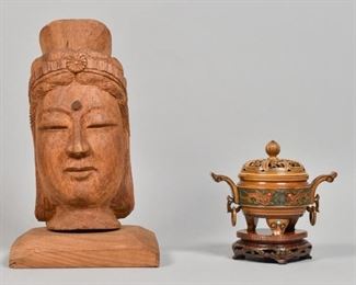 367	Japanese Censer and Wooden Head of Kannon	Japanese wood composite tripod censer with stand. Carved wood head of Kannon, Goddess of Mercy. Censer: 4 1/4" H x 2 3/4" Diameter. Carved head: 9 3/8" H. Head detached from base.
