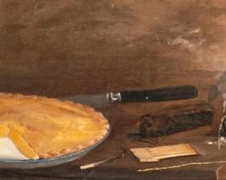 380	A. Warren Oil on Canvas Still Life With Pie	A. Warren (19th / 20th century). Still life with pie, knife and pipe. Originally inscribed, dated and signed on verso Painted for A.L. Blackman by A. Warren 1877. Relined. 7" x 16 1/2" (with frame 13" x 22 1/4"). Crazing throughout.
