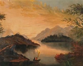 379	Oil on Canvas Mountain Lake Landscape	Oil on canvas people in boat in mountain lake landscape. Unsigned. 15 1/2" x 25 1/2" (with frame 23" x 33"). Crazing throughout; losses to frame.
