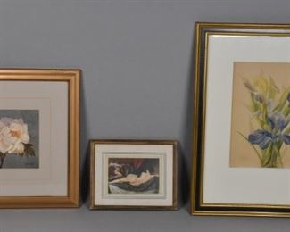 382	3 Piece Art Lot	3 piece art lot. Print on fabric reclining nude, 3 3/4" x 5 1/2" (with frame 7 3/4" x 9 1/2"); Gloria Eriksen print of a flower, signed in the plate lower right, 6 1/2" x 6 1/2" (15 1/4" x 15 1/4"); watercolor of flowers, artist initialed and dated lower center F.B., June 1878, 11 1/2" x 8 3/4" (21" x 17")
