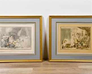 386	2 Prints After Thomas Rowlandson	After Thomas Rowlandson (English, 1757-1827). 2 prints after engravings by Thomas Rowlandson. Four o'clock in Town and Four o'clock in the Country. Each 11 1/2" x 14 1/4" (with frames 19 1/4" x 22 1/4"). Creases along right side of In the Country.
