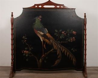 394	Victorian Chinoiserie Fire Screen	Victorian chinoiserie stretched hide fire screen depicting an indo-chinese green peafowl and blossoms. Beveled stands in the form of bamboo with red varnish. Wear from age, crazing to the canvas, loss of the varnish at the bottom of stands. 36 1/2" H x 36" W.
