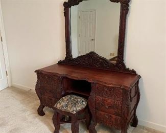 004 Ornate Scrolled Wood Vanity with Floral Tapestry Stool