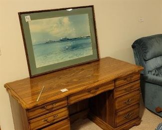 Office desk, recliner, framed ocean picture 