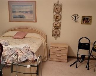 Bedroom set: frame, 2 side tables, armoire. Can be sold separately 
Framed print, sconces, bed rails, walker, office chair