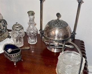 Ornate Domed Butter Dish Silverplate, Crystal Coasters, Cruet Bottles 
