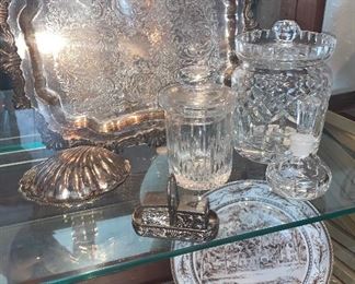 Waterford Bisquet Jar, Large Silver-Plate Tray