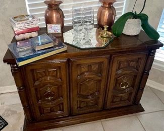 Mid Century Serving Cabinet, Copper Pots, Glassware
