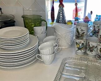 White Swirl Dishes, Relish Plates, Bird Mugs