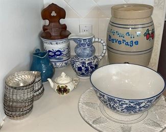 Blue and White Items, Salt Box Blue Onion, Stoneware Water Pot, Vintage Jello Molds