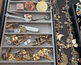 Mens Cuff Links, Mens Cufflinks and Tie Clips, Spoons, Vintage enamel Ski Resort Pinbacks Pins, Pocket Knives