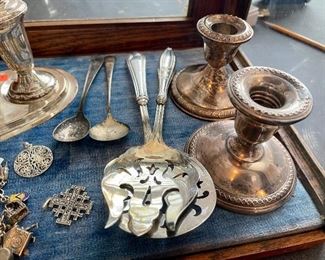 Sterling Silver Candlesticks Candle Holders, Sterling Silver Serving Fork and Spoon