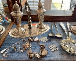 Sterling Silver Salt and Pepper Shakers with Tray, Silver Charm Bracelet