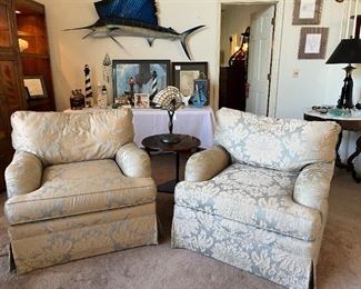Pair of upholstered chairs (they are identical; lighting makes them appear different color)