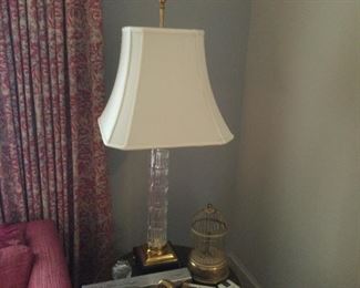 Pair of Hollywood Regency brass and glass lamps with silk shades.