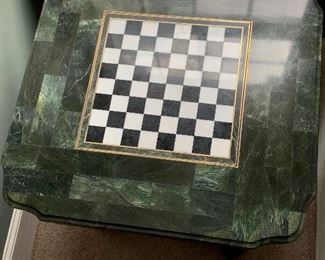 Marble-topped game table. Center is reversible and has a checker/chess board on it.