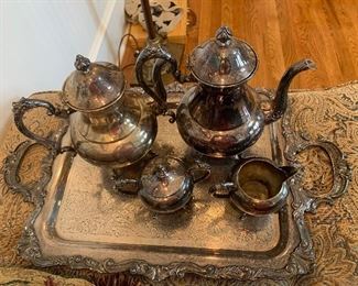 Sheridan Silver-plate 4-piece set with a silver-plated tray. Will take a shine to you once it’s polished!
