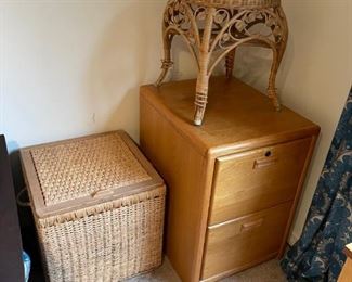 oak file cabinet, plywood and wicker basket / storage
