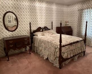 $900.00...................Ethan Allen 4 Poster Full Bedroom Set, Set includes: Bed, Chest to left of Bed, Mirror and High Boy Dresser