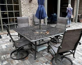 outdoor table, chairs, umbrella