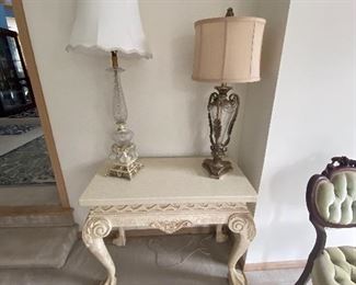 Marble side table, antique lamps
