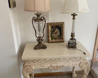 Marble side tables (pair available) antique lamps 