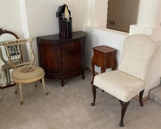 Demi-lune antique side table, assortment of chairs (pair available of the white), antique needlepoint chair