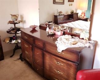 By Bassett - Mid-Century Credenza Dresser w/Mirror. Lots of Perfume bottles and Perfumes - Vintage and Contemporary. Three Tiered Table.