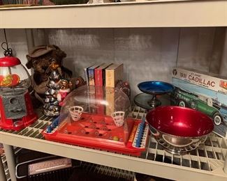 Jo-Han model car kit, vintage basketball game, gum ball machine, cook books