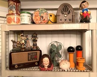 Antique radio, fan, Royal Daulton, vintage tins