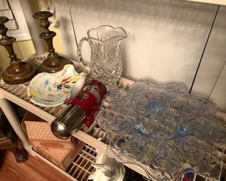Vintage fire extinguisher, candle sticks, crystal pitcher 
