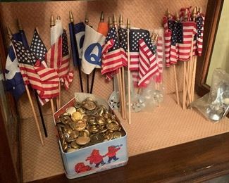Vintage flags and radiator mounting bracket for antique cars. Brass military buttons