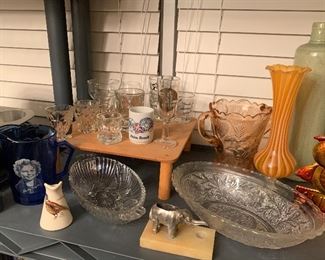 Shirley temple pitcher, shot glasses, pottery, mid century vase