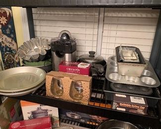 Juicer, cupcake tins, pie plates, pots, springform pan, wine glasses