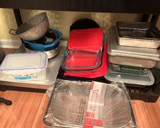 Glass baking pans, Pyrex, pans, springform pan, strainer 